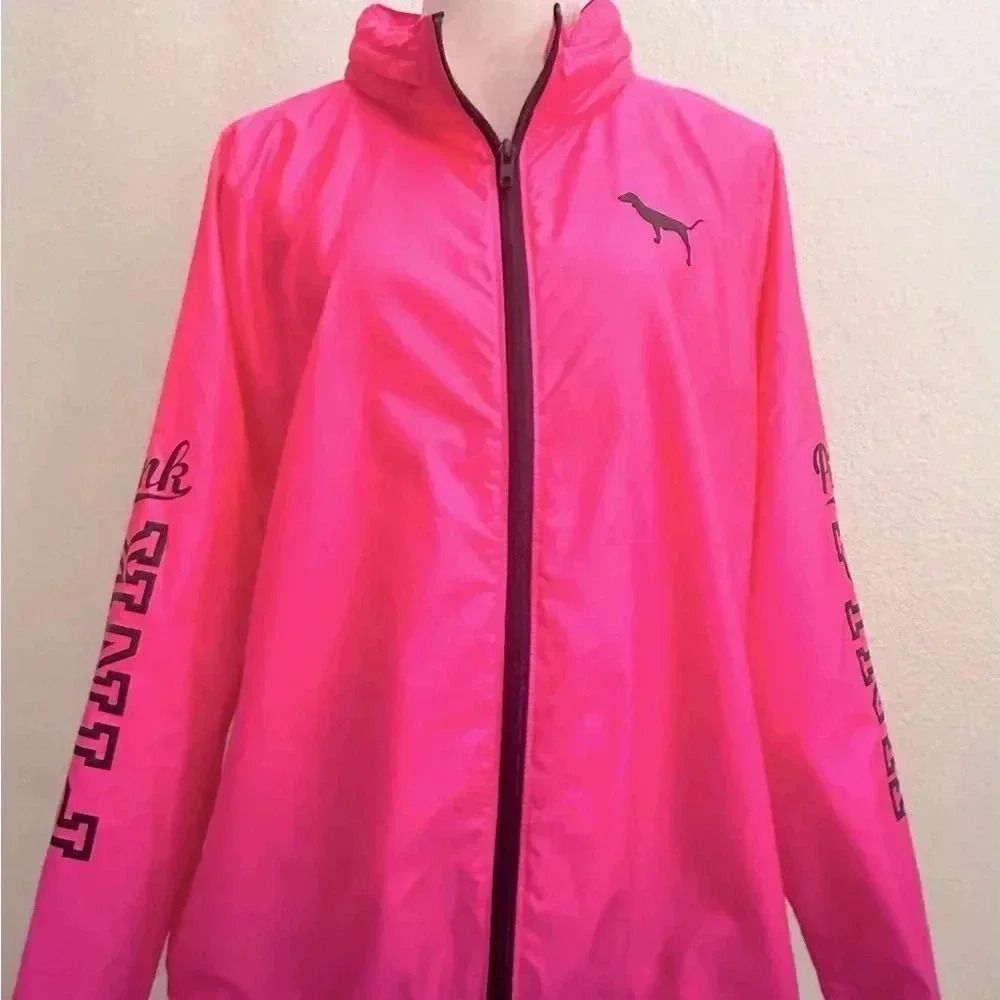 PINK Victoria's Secret Hot Pink Windbreaker Jacket with Black Accents